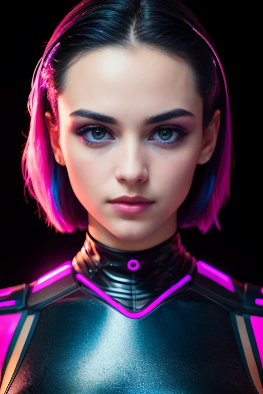 amoled ultra realistic photograph of a 25 years old european girl, RAW, beautiful woman, (short black hair), ((portrait)), ((detailed face:1.2)), ((detailed facial features)), (finely detailed skin), pale skin, (high detailed deep cleavage cyberpunk steel dress), black background, (cold colors), damp, moist, reflections, (masterpiece) (perfect proportion)(realistic photo),(best quality), (detailed), (strong amoled magenta and blue neon lighting), (sharp focus) (intricate)