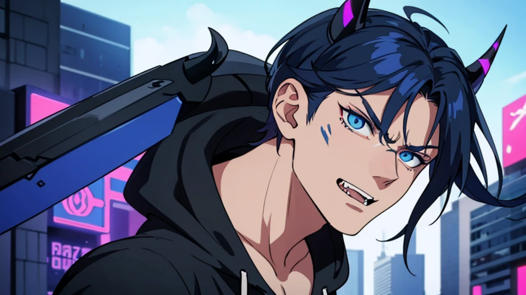perfect face, perfect eyes, guy, black and blue hair, messy hair, blue eyes, fangs, black demon horns, demon tail, neck tattoo, cyberpunk, axe, city, futuristic, glowing effects, hoodie angry