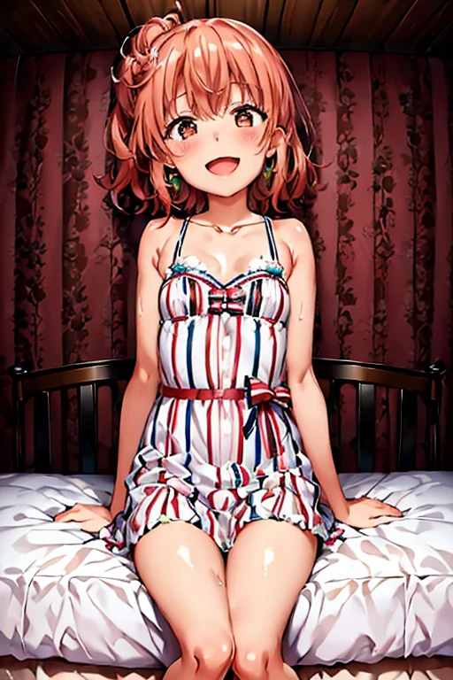 ((highest quality)), ((masterpiece)), (be familiar with), Perfect Face, indoor, Bedroom, Watching the audience,
One woman, Yuigahama Yui,
Open Mouth, Ecstatic expression, blush, smile,
Small breasts, Flat Chest, Young Girl, , , Girl,
Short Hair, Salmon-colored hair, Salmon-colored eyes, Side Pony,
Leg spread,