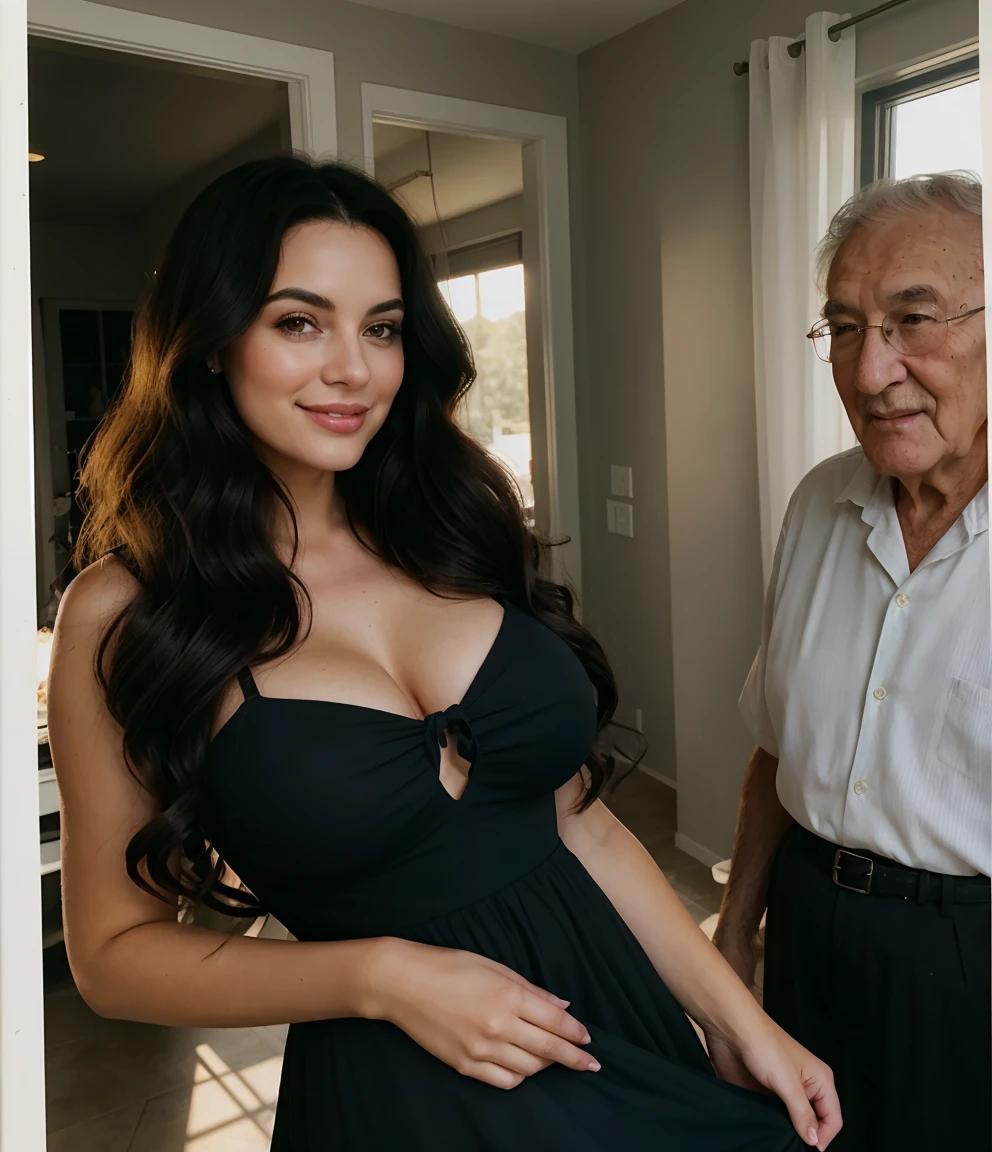 photograph of a dark-haired woman with windblown curls, her hair is intertwined, like a flame against the twilight sky., radiating unbridled beauty, Big breasts, wearing a dress visiting her grandpa at los angeles california in a house, smiling with her grand father