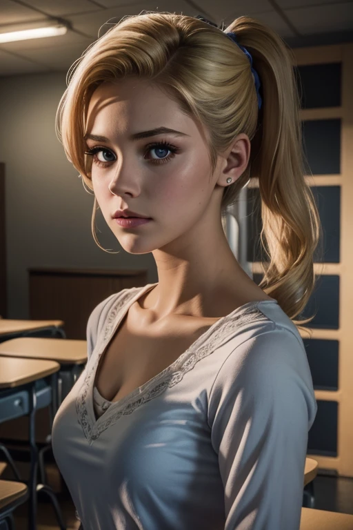 Betty Cooper l'heroine de la série Riverdale. Photo taken in a high school classroom. Veronica is dressed classy. Cadrage du visage et du buste en entier. Melancholy, air triste, malheureuse.