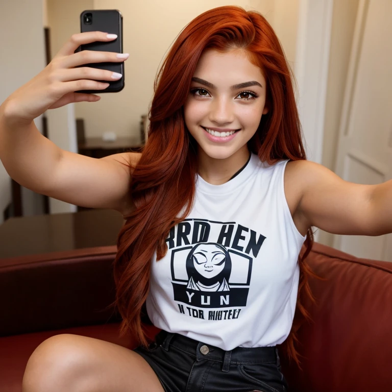 girl, beautiful, teenager, red hair, red eyes, hip hop clothes, Isis Valverde's face, selfie smiling