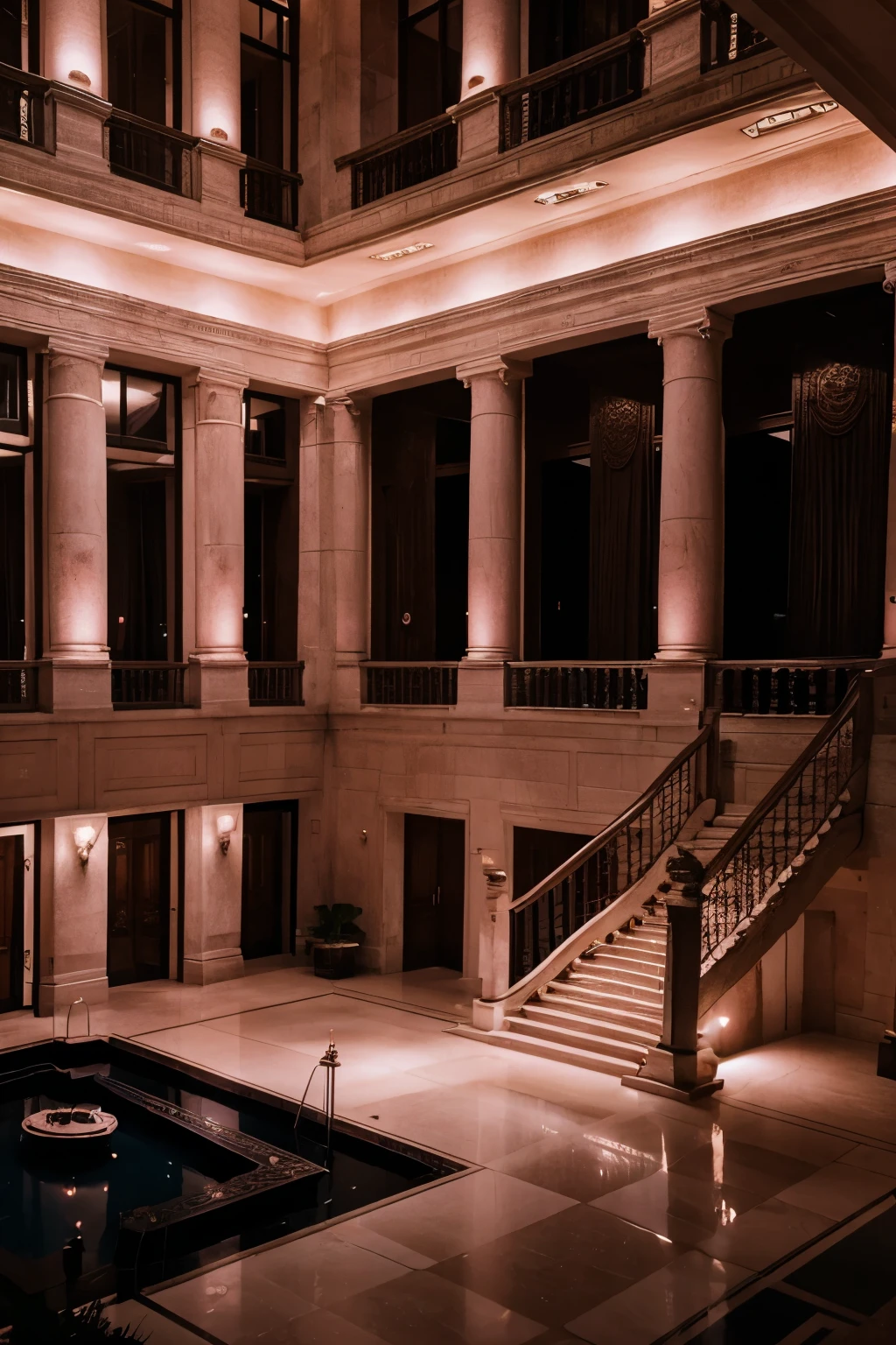 landscape photo of a huge expensive luxury brothel with a high ceiling, several large beds with pink silk bedding, a staircase, an atrium, erotic art, and mood lighting.