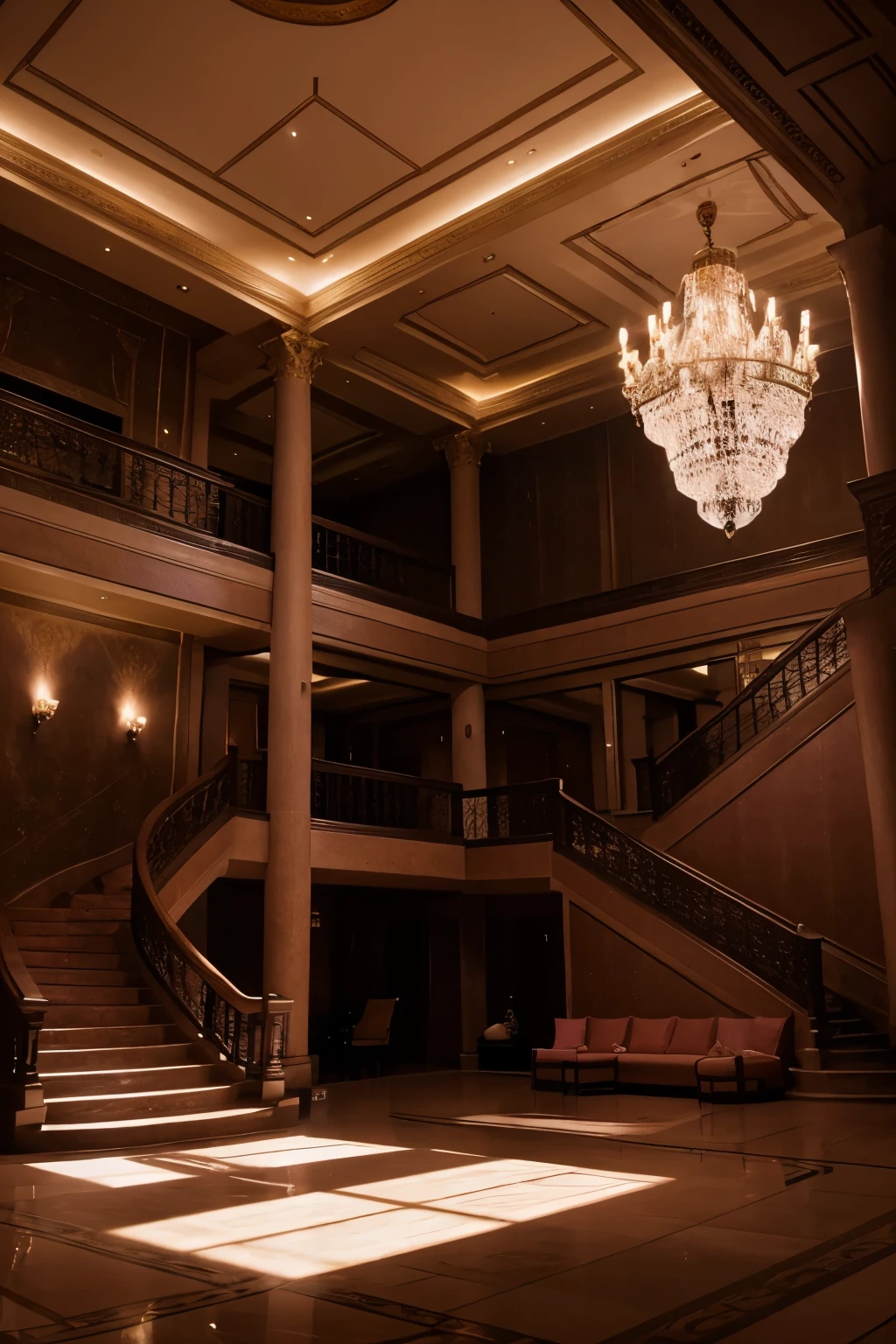 landscape photo of a huge expensive luxury brothel with a high ceiling, several large beds with pink silk bedding, a staircase, an atrium, erotic art, and mood lighting.