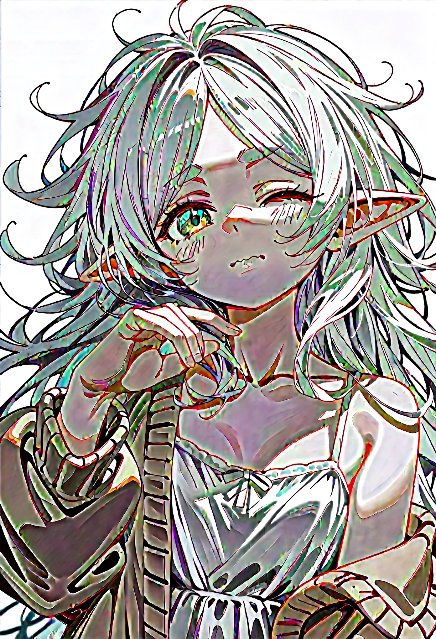 masterpiece, best quality, (score_9, score_8_up, score_7_up), 1girl, solo, portrait, FrierenSleepwear, green eyes, white hair, long hair, messy hair, white dress, spaghetti straps, sleeveless dress, brown cardigan, standing, hand scratching eye, one eye closed, one hand up, delicate hands, sleepy, wavy mouth, looking at viewer, white background, simple background, masterpiece, best quality