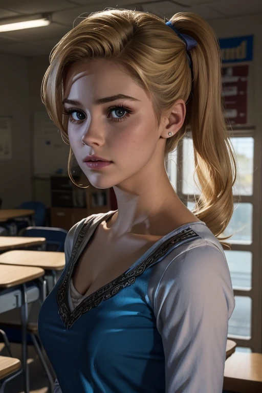 Betty Cooper l'heroine de la série Riverdale. Photo taken in a high school classroom. Veronica is dressed classy. Cadrage du visage et du buste en entier. Melancholy, air triste, malheureuse.