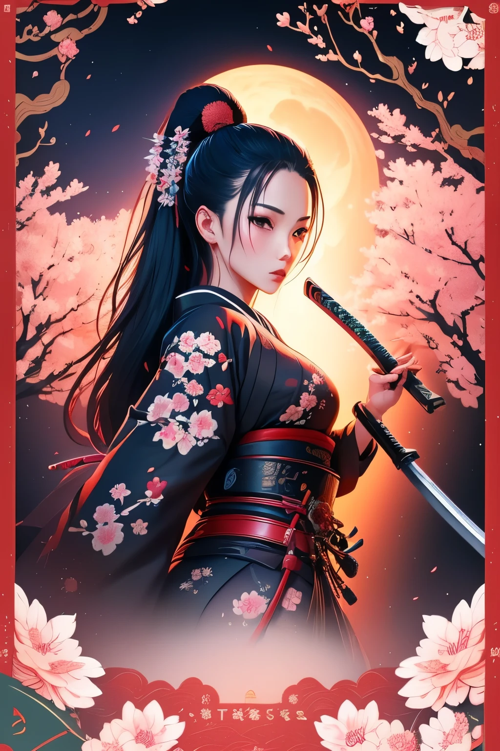 ((stickers)), 1girl, highly detailed, sexy female ronin, samurai, cherry blossom flowers border, japanese tattoos, katana, japan, night, moonlight, vector style art, erotic, movie poster style, lettering. (masterpiece:1.2), (best quality), (ultra detailed), (8k, 4k, intricate),(highly detailed:1.2),