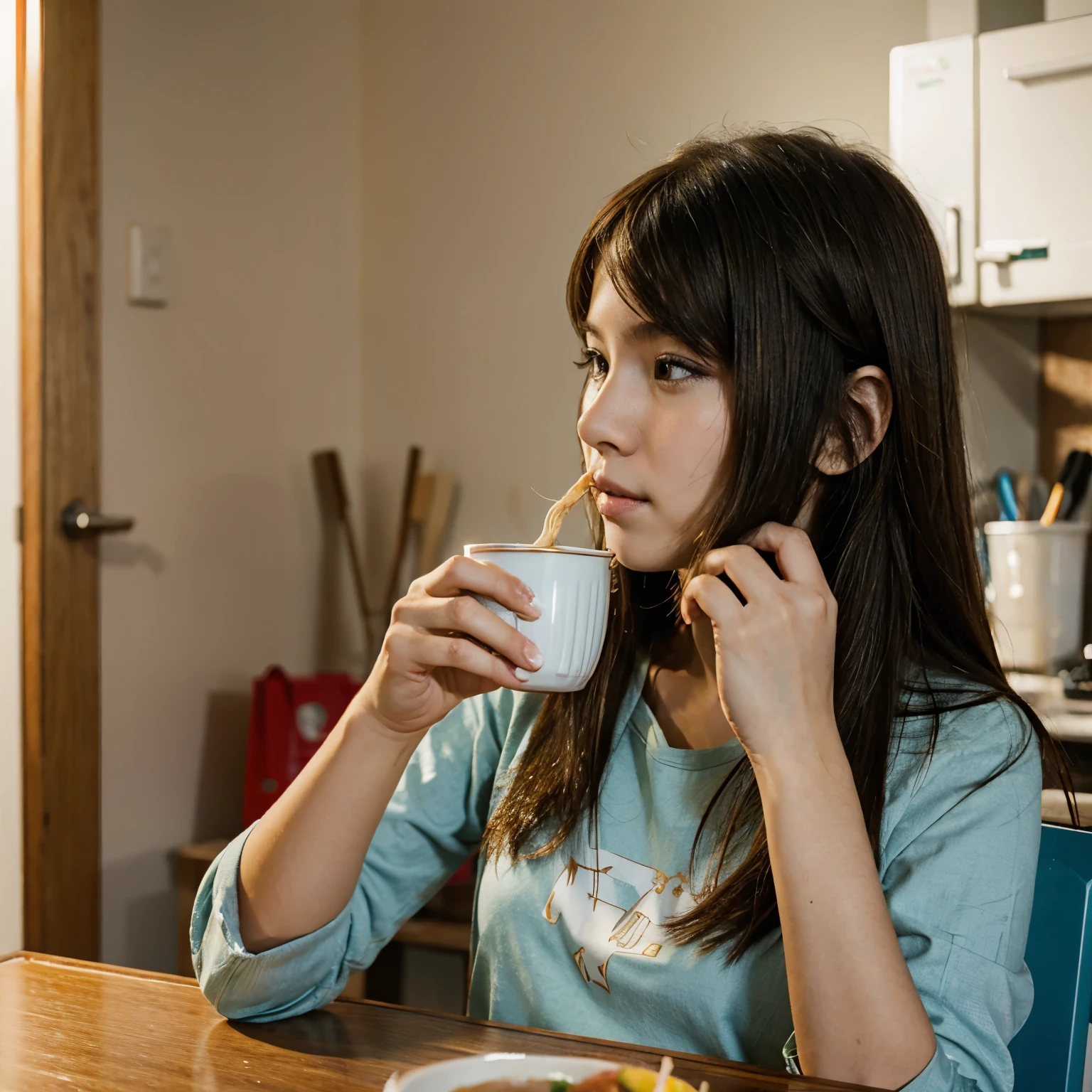 A girl with medium length hair eating cup noodles