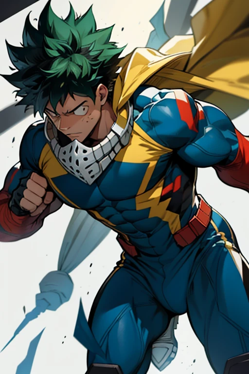 Un Izuku Midoriya con la musculatura de All Might , With toned and robust muscles, His strength and endurance would be unmatched.. His All Might-inspired suit would be a perfect combination of style and functionality., with the characteristic design in the shape of "Y" en el pecho y los colores verde, negro y blanco decorando su uniforme. The cape billowing behind him would add a touch of majesty to his appearance., making it look even more impressive