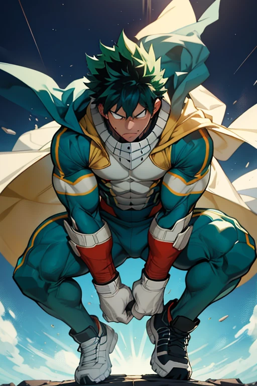 Un Izuku Midoriya con la musculatura de All Might , With toned and robust muscles, His strength and endurance would be unmatched.. His All Might-inspired suit would be a perfect combination of style and functionality., with the characteristic design in the shape of "Y" en el pecho y los colores verde, negro y blanco decorando su uniforme. The cape billowing behind him would add a touch of majesty to his appearance., making it look even more impressive