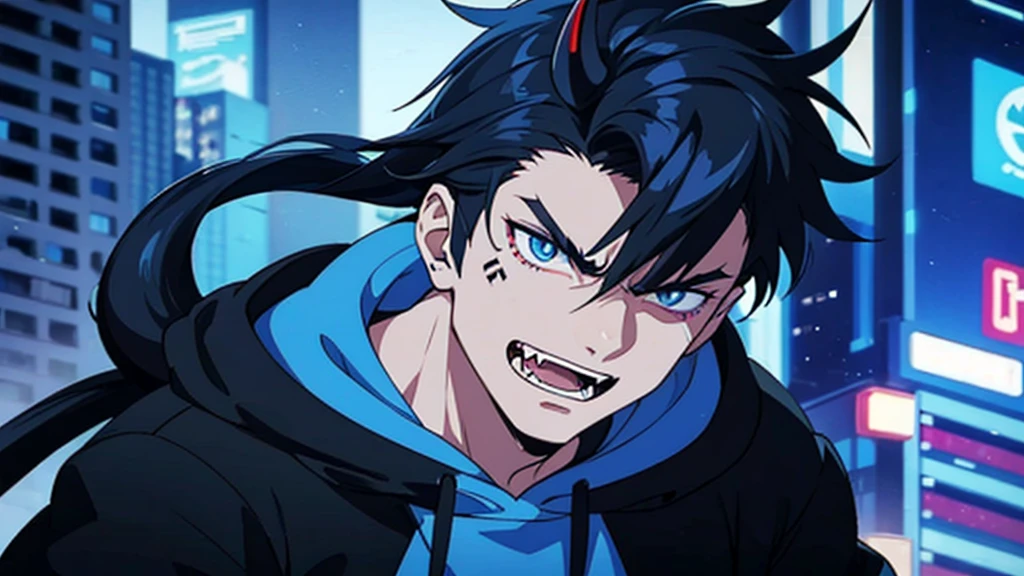 
perfect face, perfect eyes, guy, black and blue hair, messy hair, blue eyes, fangs, black demon horns, demon tail, neck tattoo, cyberpunk, city, futuristic, glowing effects, hoodie, angry