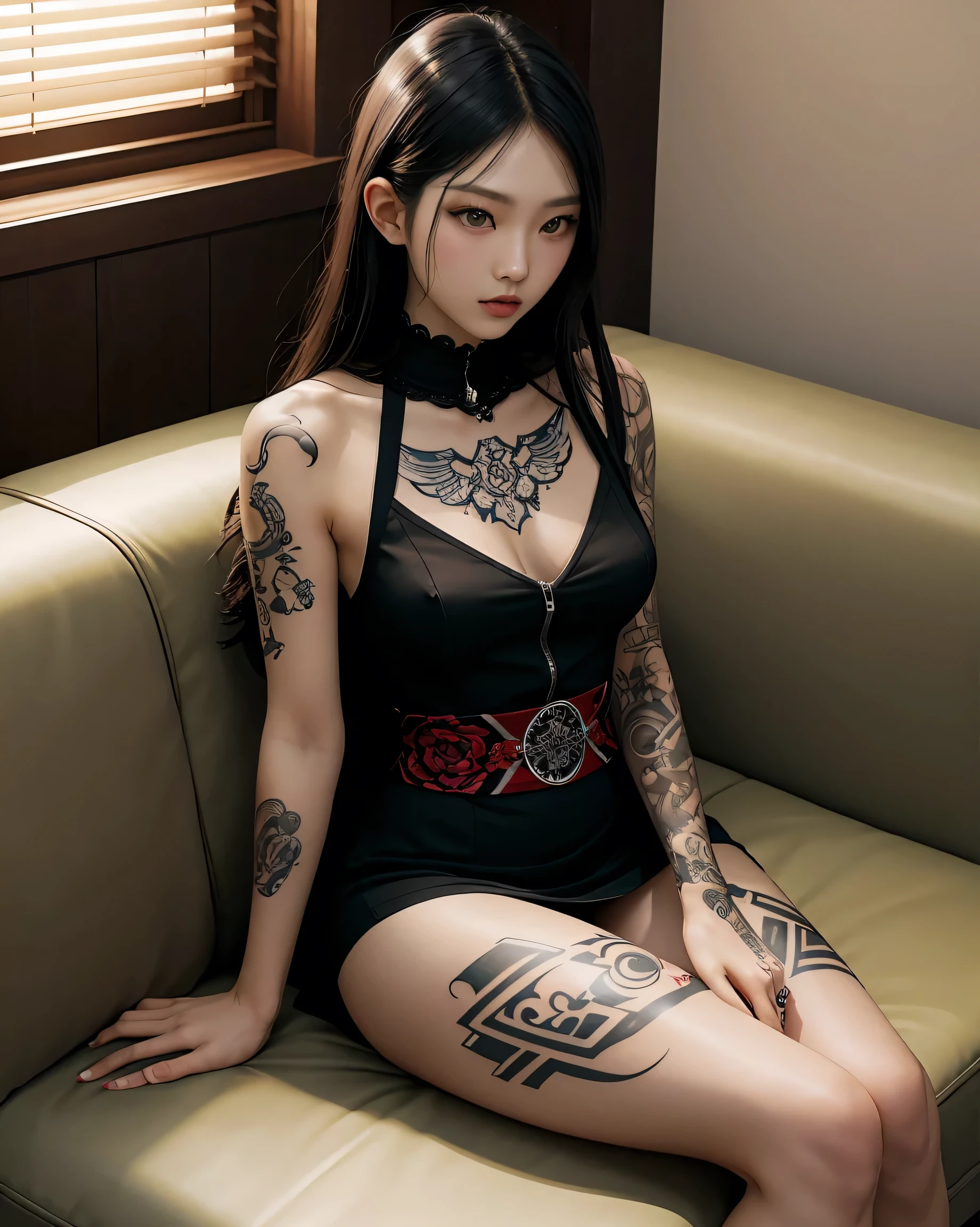 A woman with tattoos on her chest and chest is sitting on a sofa, de taiwanesa With tattoos, Covered, Ink Style, yakuza magra, Full Body Tattoo, With tattoos, Full Body Tattoo, Tattoos, Gorgeous Korean Model, Beautiful Korean Women, Fully tattooed body, beautiful realistic upper body, Tattoo as a whole, 顔のWith tattoos, Attractive neck,(Big Breasts，Small waist)