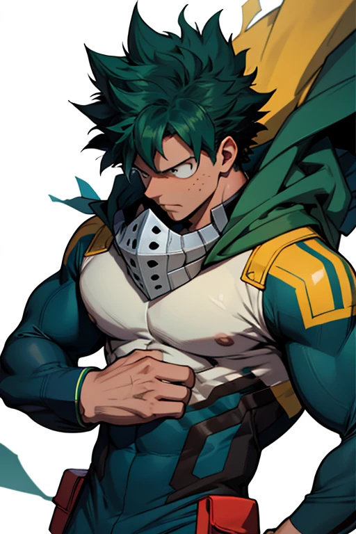 Un Izuku Midoriya con la musculatura de All Might , With toned and robust muscles, His strength and endurance would be unmatched.. His All Might-inspired suit would be a perfect combination of style and functionality., with the characteristic design in the shape of "Y" en el pecho y los colores verde, negro y blanco decorando su uniforme. The cape billowing behind him would add a touch of majesty to his appearance., making it look even more impressive