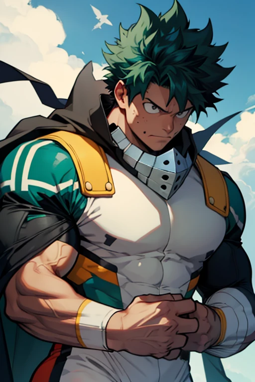 Un Izuku Midoriya con la musculatura de All Might , With toned and robust muscles, His strength and endurance would be unmatched.. His All Might-inspired suit would be a perfect combination of style and functionality., with the characteristic design in the shape of "Y" en el pecho y los colores verde, negro y blanco decorando su uniforme. The cape billowing behind him would add a touch of majesty to his appearance., making it look even more impressive