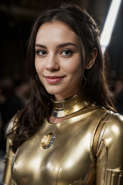 a woman, 25ear old, long brunette hairs, 8K, UHD, flash lighting, professional lighting, textured skin, romantic smile, star war cosplay, C3PO cosplay, lingery