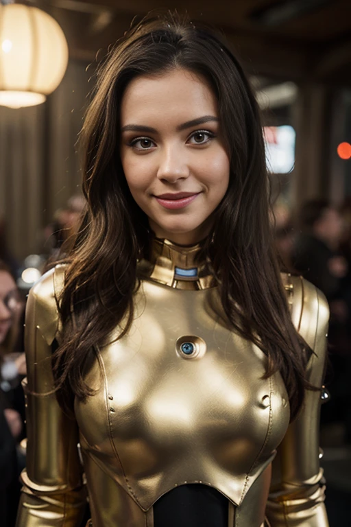 a woman, 25ear old, long brunette hairs, 8K, UHD, flash lighting, professional lighting, textured skin, romantic smile, star war cosplay, C3PO cosplay, lingery