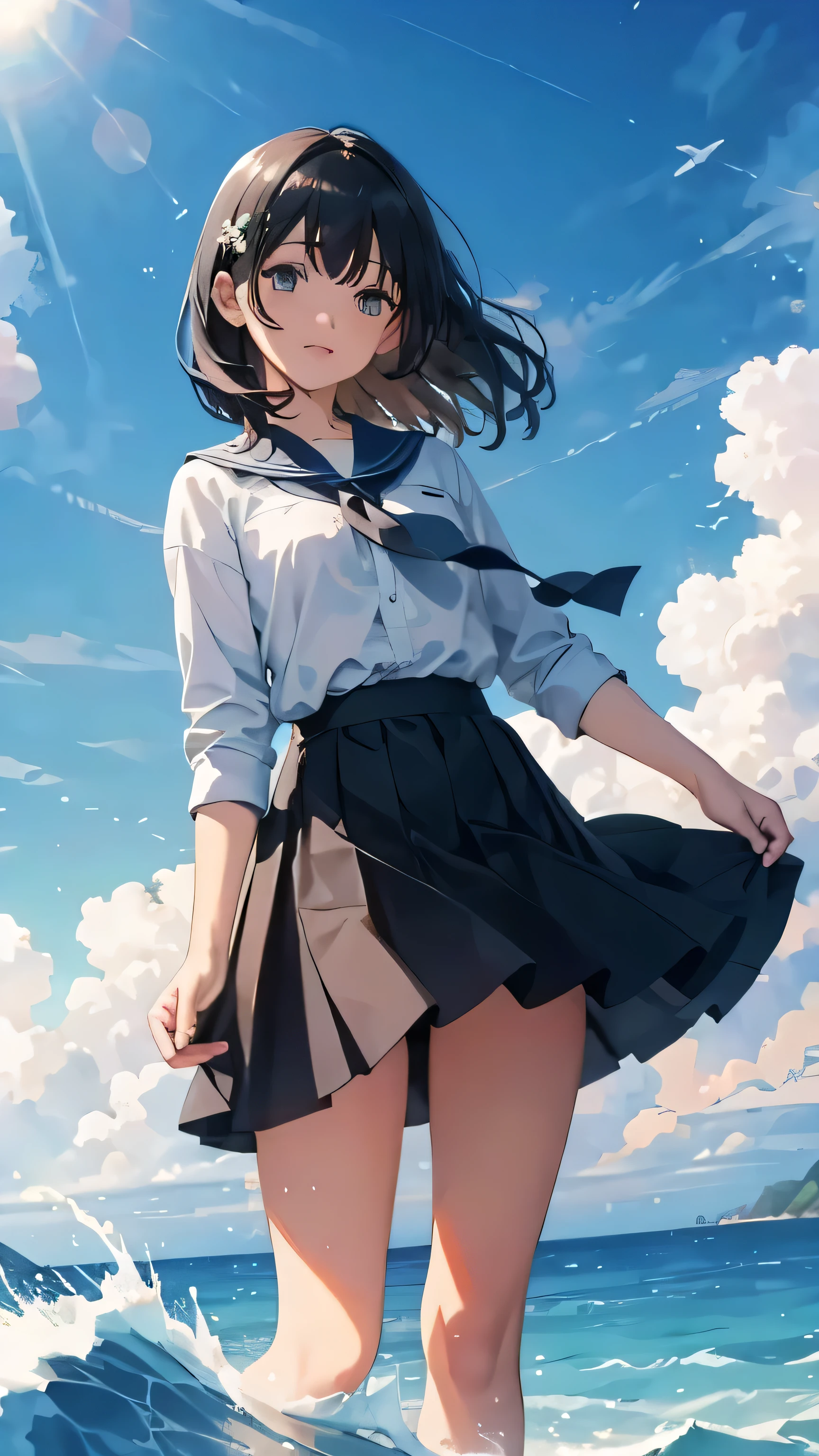 ((Obra maestra)), ((mejor calidad)), (Muy detallado),
1 chica, pelo rubio, ojos verdes, alone, cielo azul, ocean, falda corta color verde
((fondo fresco:1.0)), ((very detailed background:1.0)),
girl standing alone, gazing at the vast cielo azul over the tranquil ocean. Su falda es corta y juguetona.., swaying gently in the wind. The background is incredibly detailed.., Nubes que parecen dibujadas con un pincel fino y ondas brillando a la luz del sol.. Los colores son brillantes y alegres., Capturing the essence of a clear day by the water.. The scenes are so realistic that you can almost hear the sound...