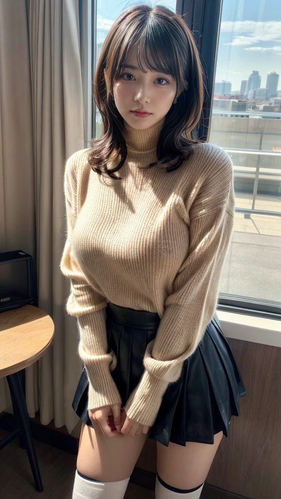 muste piece, best quality, illustration, Super detailed, fine details, High resolution, 8K,wall paper, perfect dynamic composition,(Details High quality, realistic depiction of eyes:1.3), short hair, (wavy hair:1.2), Tight turtleneck pink sweater, pleated skirt, pony tail hair, huge breasts, black hair color, Big Natural Color Lip, bold sexy pose, crying a little、cold gaze, Harajuku style、20 year old girl、cute type、lolita、beautiful legs, hotel room, full body photo、focus on crotch, hposing Gravure Idol, Sexy shot looking at camera, Sunset, by the window, Summer, knee sox, make up, Curve