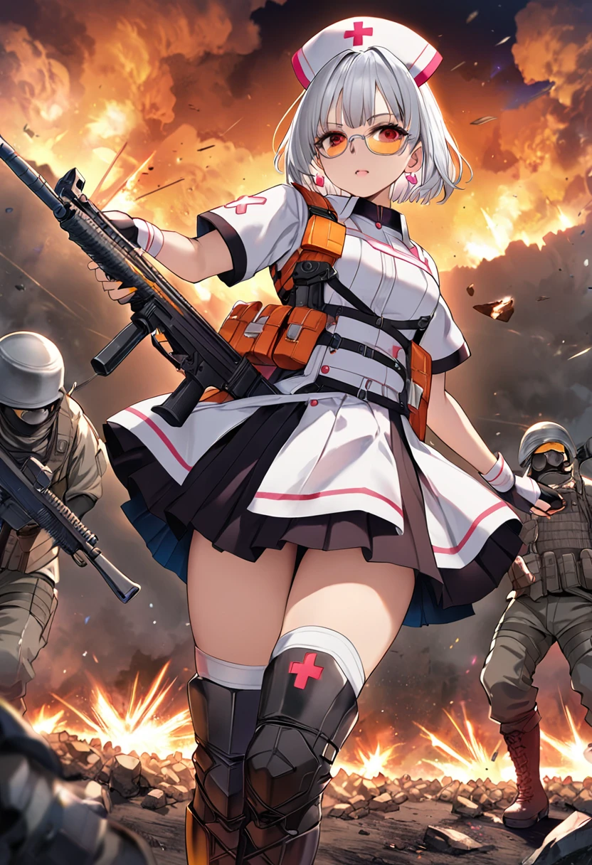 masterpiece、highest quality、Ultra-high resolution、Maximum resolution、Very detailed、Professional Lighting、anime、Adult female、thin、so beautiful、、Nurse uniform、Has a submachine gun、Red Eye、Silver Hair、Short Hair、Earrings、Fingerless gloves、Tactical Boots、Equipped with transparent orange shooting glasses、Equipped with a chest rig、Standing alone on the battlefield