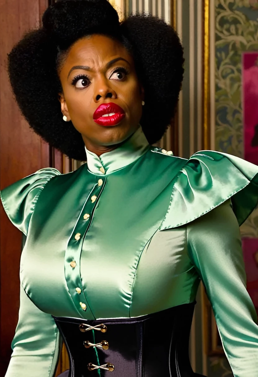 closeup shot, (surprised and amazed evil sasheer zamata:1.4) in a (closed satin skintight silk buttoned mandarin collar blouse with large shoulder-pads and extremely tight corset and belt and satin cape:1.6), tight hairbun, silk gloves, small waist, wide hips and torso, (insane wide eye stare:1.2), (muscular arms), (flared nostrils + nostrils dilate + nostrils enlarge + nostrils expand:1.4), large shoulder-pads, extremely cinched small waist,