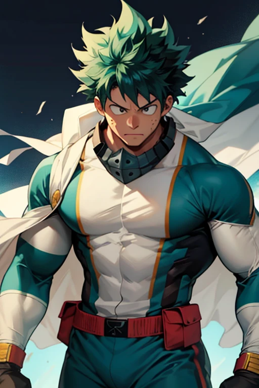 Un Izuku Midoriya con la musculatura de All Might , With toned and robust muscles, His strength and endurance would be unmatched.. His All Might-inspired suit would be a perfect combination of style and functionality., with the characteristic design in the shape of "Y" en el pecho y los colores verde, negro y blanco decorando su uniforme. The cape billowing behind him would add a touch of majesty to his appearance., making it look even more impressive