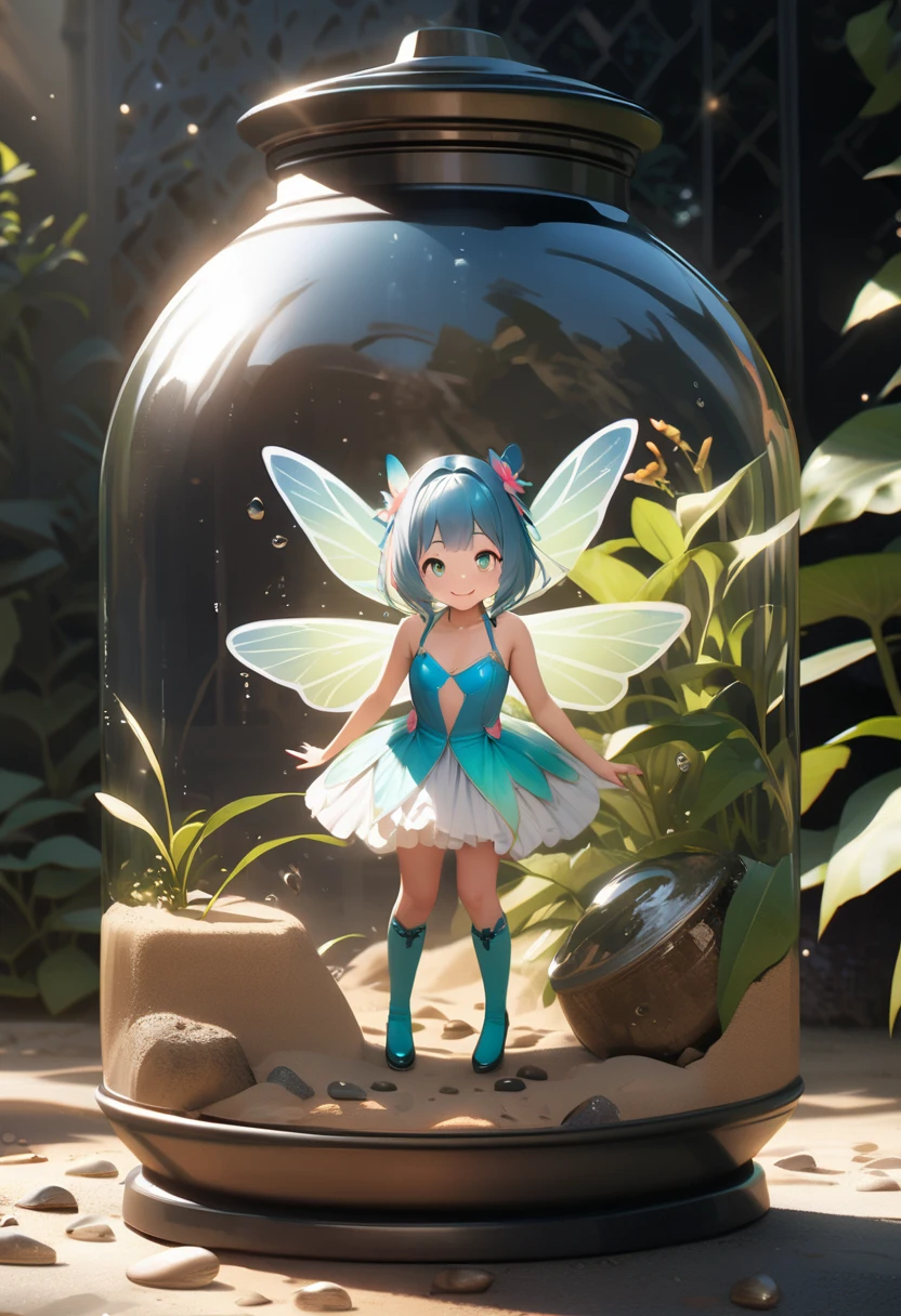 (best quarity,ultra detailed,ultra-high-resolution, absolutely resolution,8k, masterpiece),very-cute-and-beautiful-anime-fairy-girl,standing,(full-body:1.8), cleary-face-and-eyes,wearing fairy wing, smile, inside terarium bottle,
BREAK,photorealistic,bottle,soil, plants, sand, pebbles, water, and light,