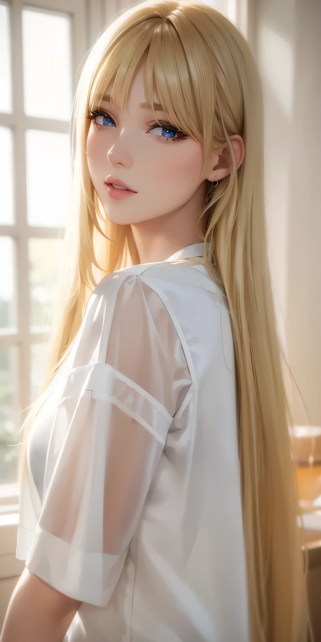 Gorgeous adult woman wearing white shirt, long blonde hair and bang, soft light, high quality, 4k resolution