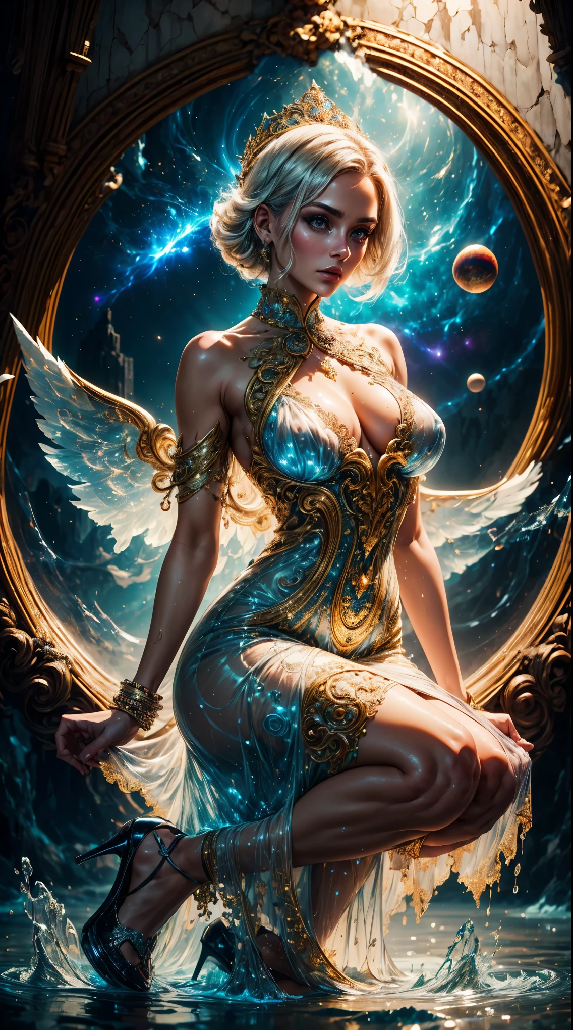 Tia is shown to have a fairly slender figure. She has white-grey hair , she has short hair and large pale green eyes,  A girl who controls time, reality, matter, and space. She carries and revolves around balls of energy and antimatter. She wears a dress composed of pure energy. She wears an ornate costume. An embellished dress. An intricate dress. An elegant energy dress. An ornate and elegant dress. A luxurious dress. Inspired by Heidi.  Expanded, ornate clothing, intricate costume, royal ornate dress, ornate clothing, ornate dress, intricate and elegant, intricate detailed dress, ornate, high heels, royal dress, detailed hand, energy in the body, water on the dress, lightning element, element  Fire, lightning wings, full water, transparent clothing, masterpiece, best quality: 1.2), (8K, heights, RAW photorealistic, photorealistic: 1.3), (detailed skin texture, detailed canvas texture, detailed water, texture  , Beautiful detailed face: 1.25), professional lighting, photon mapping, beautiful soft light, radiance, physical rendering, ray tracing, model photography style, model photography style (highly detailed CG Unit 8K background), full body portrait of the most beautiful work of art  In the world, (NSFW), (half naked), cosmic background, star explosions, falling planets, tearing apart the cosmic fabric, black holes, destruction everywhere, dramatic cosmic illumination., cleavage exposed, medium breasts, superior quality, many details, Puri focus  Sharp and realistic