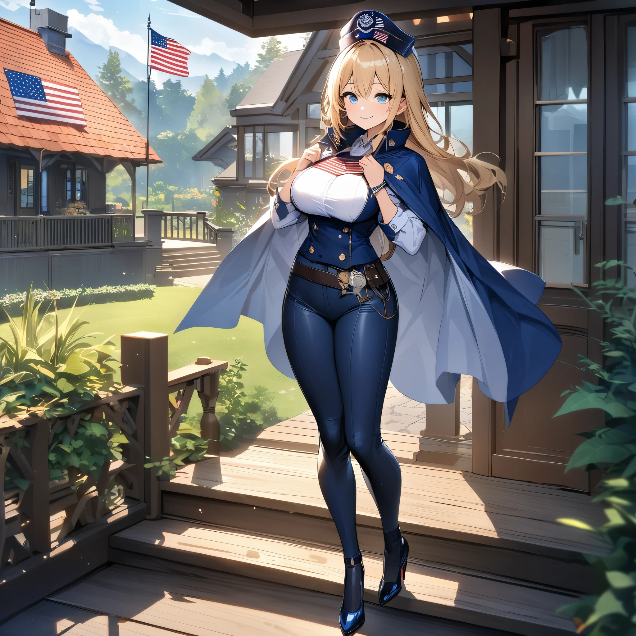 A woman wearing a navy blue coat as a cape on her back, white shirt inside, big breasts wearing tight pants personalized with the flag of the United States, wearing heels, long blonde hair, ice blue eyes, smiling, artillery tower shaped bracelet in his hands, a helm on his head shaped like a warship control tower, full body, walking on the porch of a large house, customized luxury house, garden on the porch, flag of the United States, (woman solo), HDR, ultra resolution, sharp, masterpiece, 8K HD