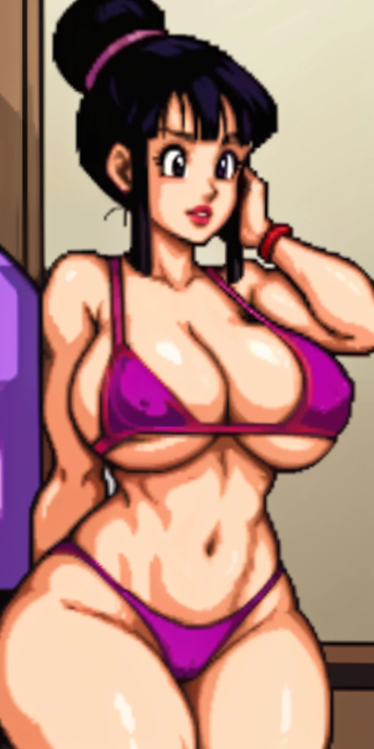 chichi_dbz, not_safe_for_work, nsfw, pixelart, pixel art, red bimbo lips, beautiful eyes, in home, sitting on chair, purple eyes, standing, solo, white tanktop, wearing grey sweatpants, large breasts, massive tits, cleavage, black thong, nipples, 2nipples, wet body, sweaty body, masterpiece, best quality, detailed face, detailed eyes, highres, big breasts, biggest behind, areola, big ass, thick thighs, wide hips, (black tight_thong), buttcrack showing ass, perfect body, perfect clothing, perfect anatomy, fully clothed,