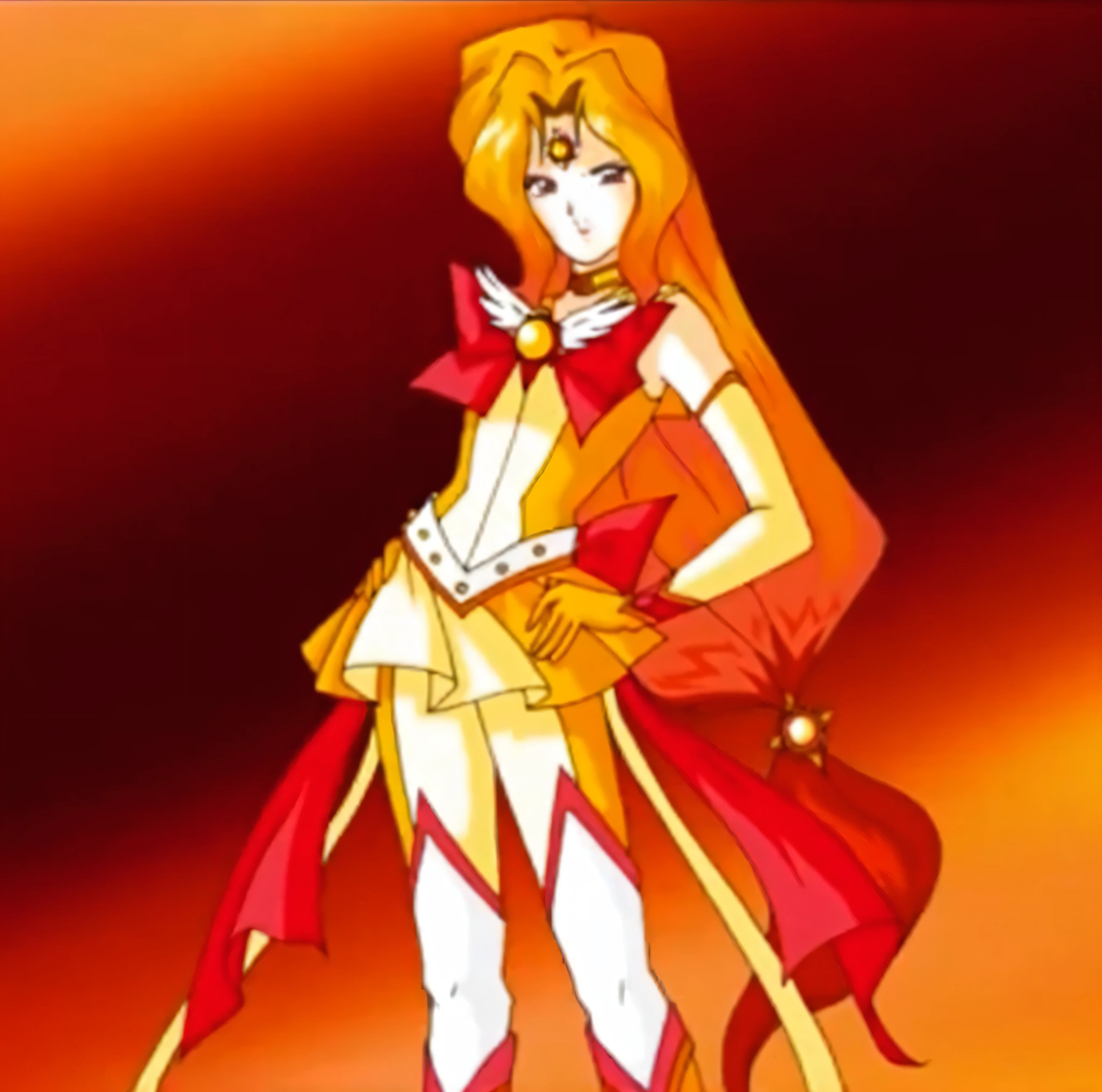 a close up of a cartoon of a woman in a red and yellow outfit, the sailor galaxia. beautiful, appears as the fire goddess, knights of zodiac girl, sailor moon!!!!!!!!, anime goddess, the princess of power, by Sailor Moon, the sailor moon. beautiful, rei hino as a princess, she has fire powers, portrait knights of zodiac girl