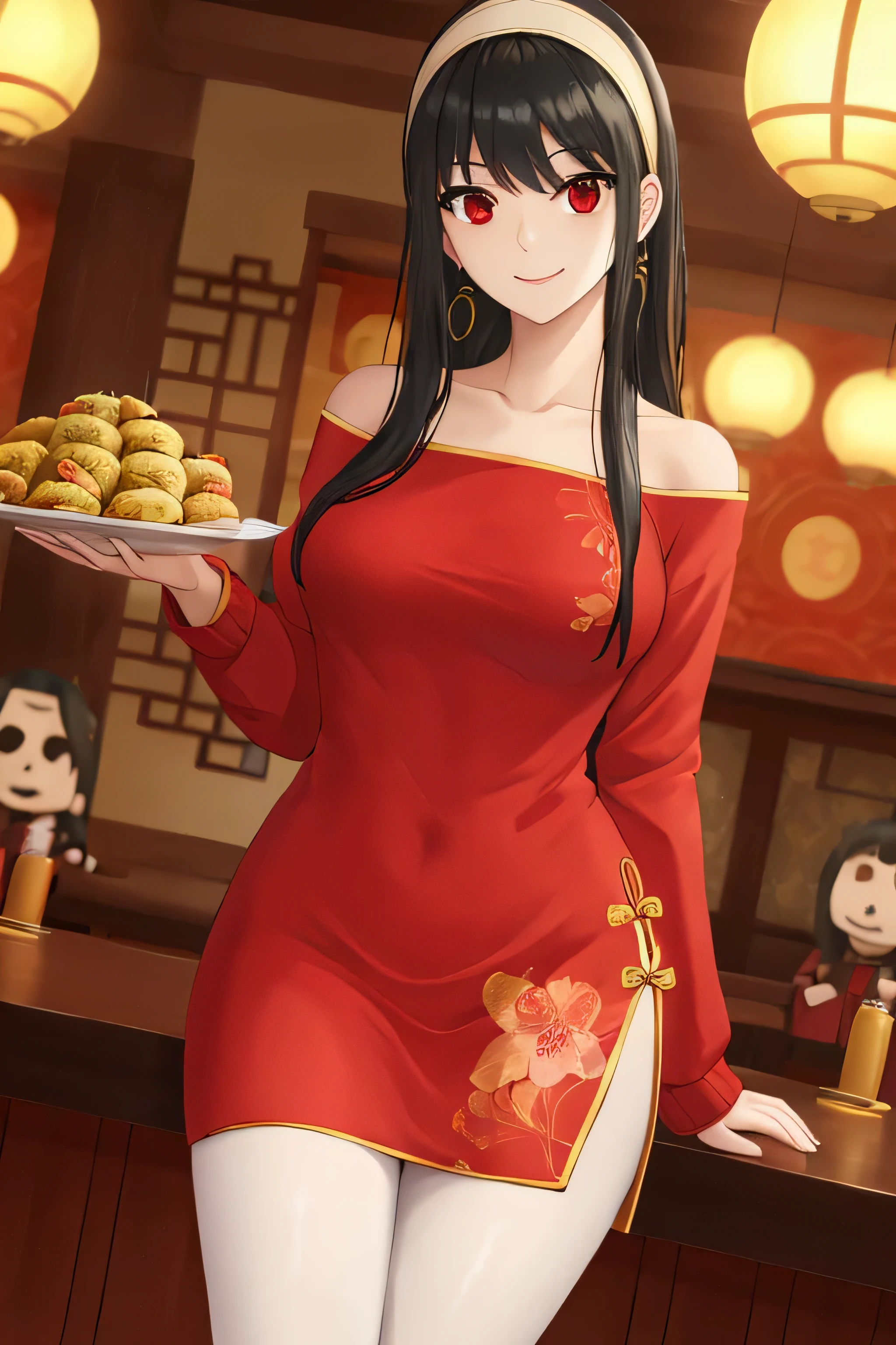 ((highest quality)), ((masterpiece)), (detailed), perfect face masterpiece best quality photograph, dynamic angle,  golden ratio,   1girl, waitress girl in Chinese restaurant, (cleavage:0.5),  holding large tray, floral pattern silk Cheongsam, smile, bamboo, studio lightning, 

{{masterpiece, best quality, extremely detailed CG, beautiful detailed eyes, ultra-detailed, intricate details:1.2}}, Spy Family, yor briar, black hair, (red eyes:1.5), earrings, white hairband, hairband, long hair, sidelocks, bare shoulders, collarbone, dress, long sleeves, off shoulder, off-shoulder dress, off-shoulder sweater, pantyhose, red sweater, sweater, sweater dress, thighs, cowboy shot, arms behind back, outdoors, smile, leaning forward, looking at viewer, , best quality, amazing quality, very aesthetic, absurdres