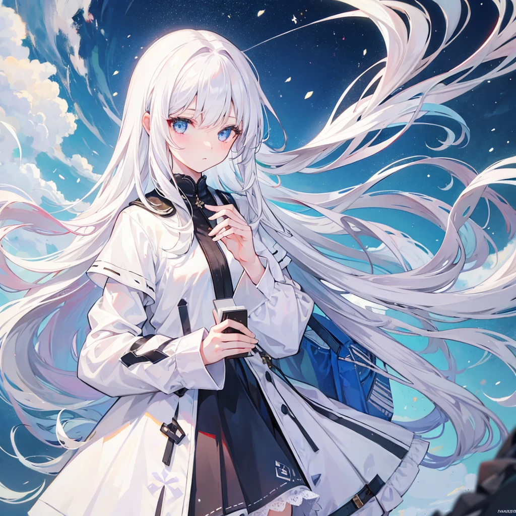 A girl with long white hair writing