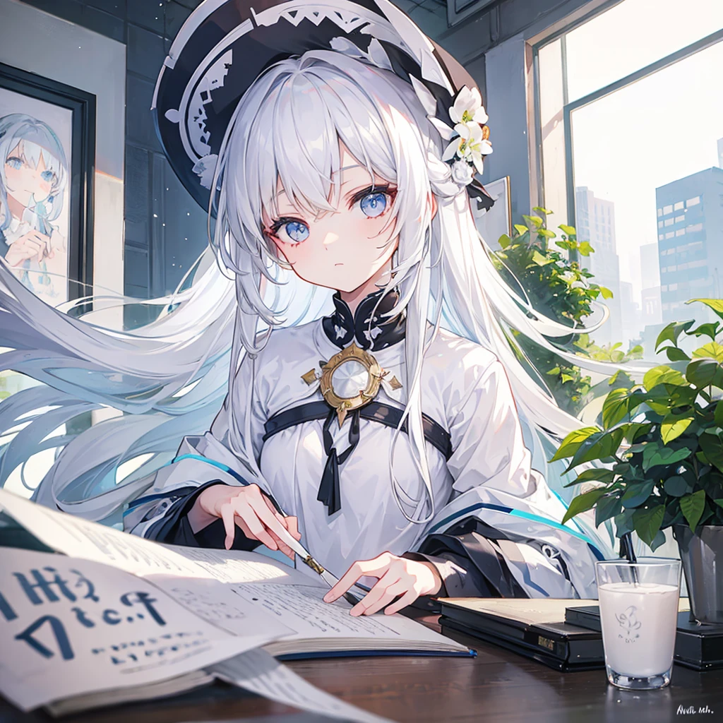 A girl with long white hair writing