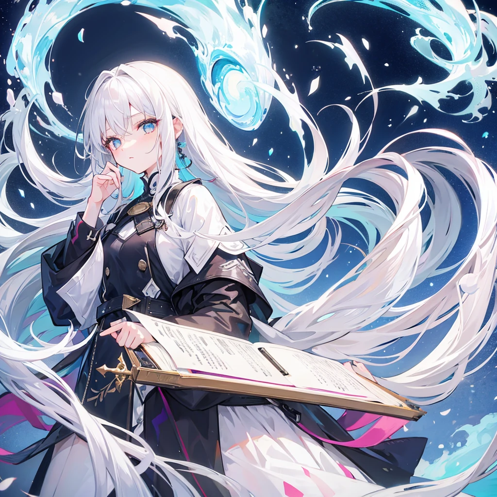 A girl with long white hair writing