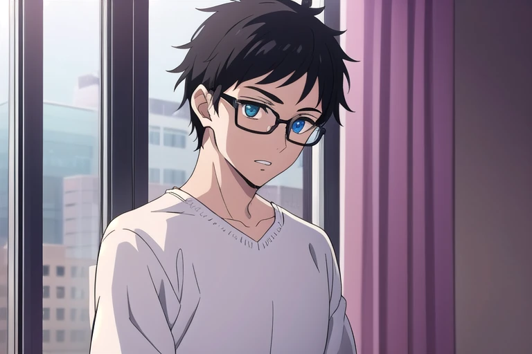 male, curtained hair, black hair, eyewear on head, heterochromia, parted lips, alone