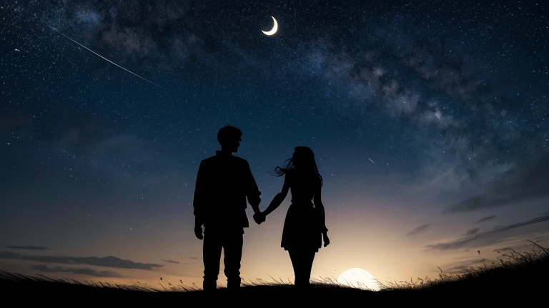 man and woman holding hands under the stars, silhouette. Gaze shifts to crescent moon and starry sky