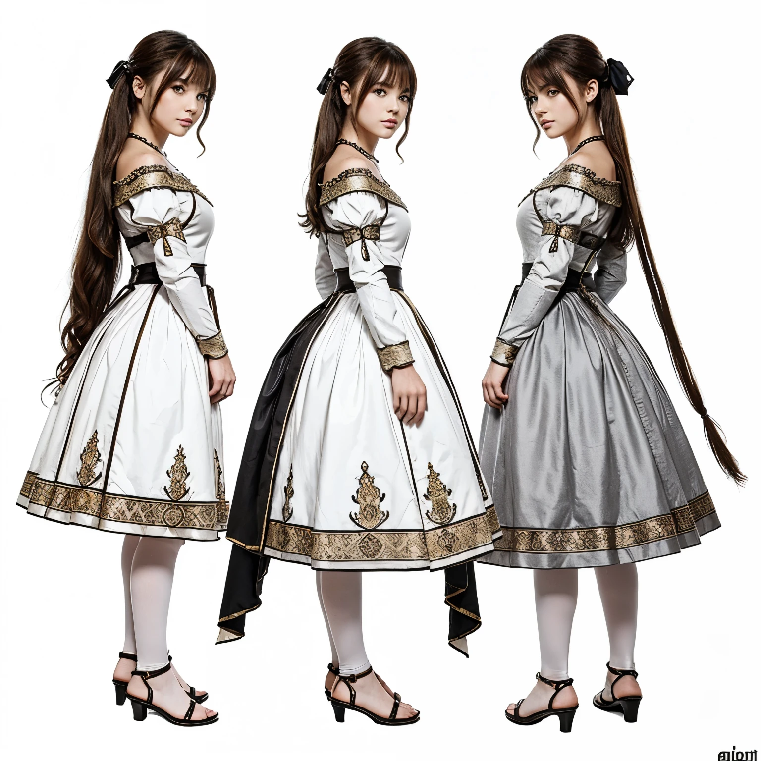 three-view drawing‚ enerate three views, the front view, the side view, the back view, full body, a beautiful girl, chibi, full body, medieval style clothing, white background,