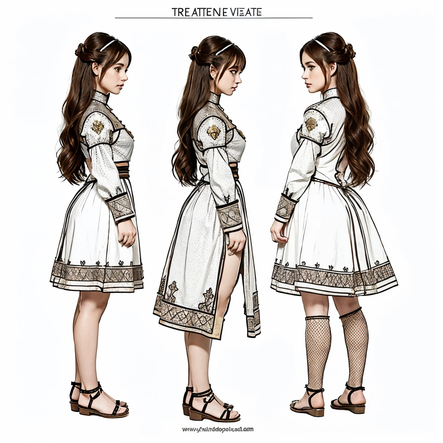 three-view drawing‚ enerate three views, the front view, the side view, the back view, full body, a beautiful girl, chibi, full body, medieval style clothing, white background,