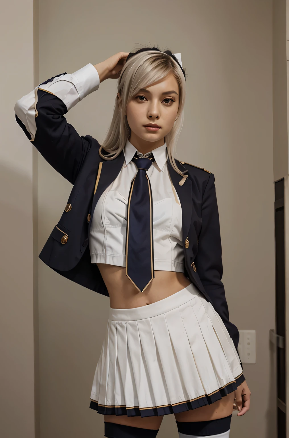 1girl hair ornament
necktie white skirt uniform white thighhighs
