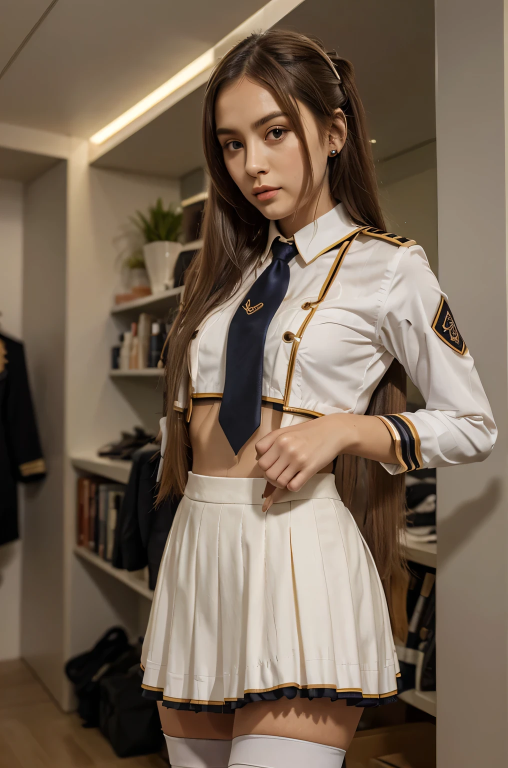 1girl hair ornament
necktie white skirt uniform white thighhighs