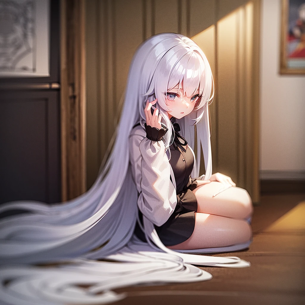 A girl with long white hair writing