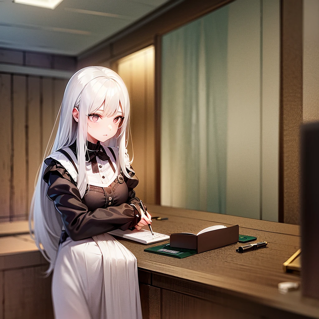 A girl with long white hair writing