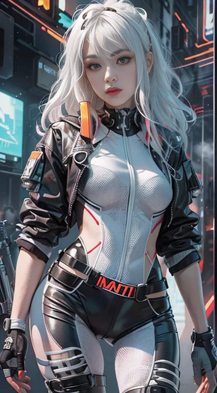 masterpiece, best quality, High quality, Ultra Detailed, High_The reservoir, High contrast, Realistic characters, ((( Lucy))) ((Cyberpunk Edge Runner)), White, rainbow dyed color with White hair, White比基尼, black, White, Perfect breasts, Ultra Detailed face, Pale reddish skin, Red, oily lips, Oily skin, Sunny beauty, Surrealism, Beauty Model, Lucy art, Smile, Long hair, full-body shot