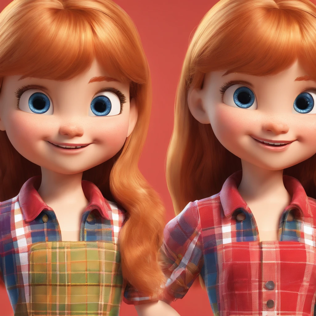 A with golden hair and bangs, fair skin, big blue eyes, a round face, small lips,Laughing, with dimples on her cheeks
wearing a red plaid dress