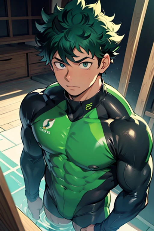 Izuku Midoriya looked impressive in his tight wetsuit that highlighted his muscles, la cual recordaba a la de All Might. Sus brazos y piernas estaban tonificados y definidos, showing his incredible strength and endurance. Con una postura segura y decidida, He seemed ready to face any challenge that came his way.. His face reflected determination and confidence., demostrando que estaba preparado para darlo todo en la batalla. Sin duda, It was a perfect combination between Izuku's determination and All Might's imposing figure..