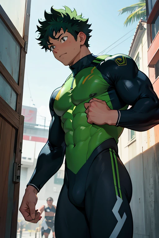 Izuku Midoriya looked impressive in his tight wetsuit that highlighted his muscles, la cual recordaba a la de All Might. Sus brazos y piernas estaban tonificados y definidos, showing his incredible strength and endurance. Con una postura segura y decidida, He seemed ready to face any challenge that came his way.. His face reflected determination and confidence., demostrando que estaba preparado para darlo todo en la batalla. Sin duda, It was a perfect combination between Izuku's determination and All Might's imposing figure..