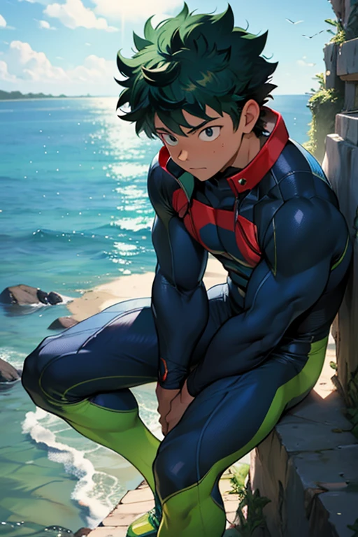 Izuku Midoriya looked impressive in his tight wetsuit that highlighted his muscles, la cual recordaba a la de All Might. Sus brazos y piernas estaban tonificados y definidos, showing his incredible strength and endurance. Con una postura segura y decidida, He seemed ready to face any challenge that came his way.. His face reflected determination and confidence., demostrando que estaba preparado para darlo todo en la batalla. Sin duda, It was a perfect combination between Izuku&#39;s determination and All Might&#39;s imposing figure..