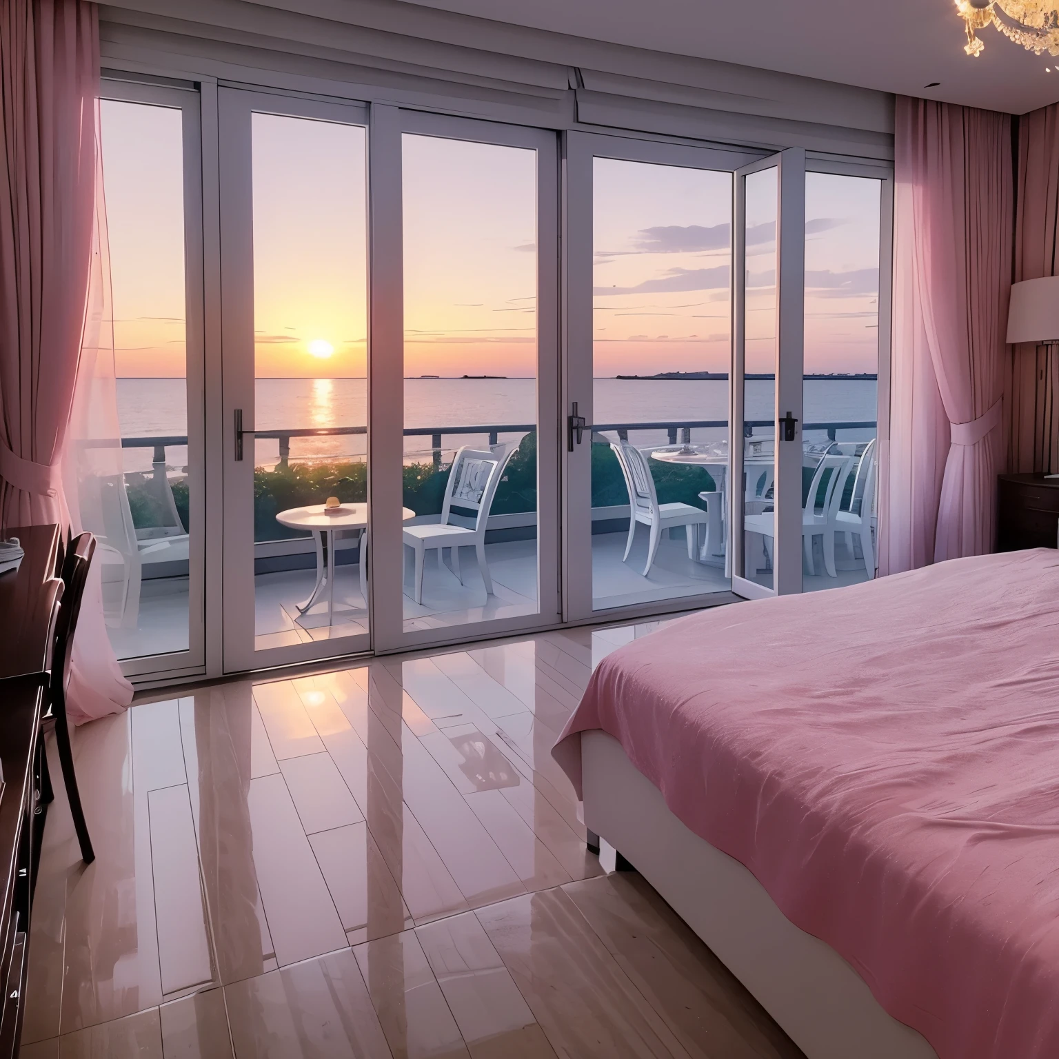 There's a spacious and luxury bedroom. There's a table with white flowers, and the white curtains are blown by wind. There's a huge window until the ground. You can see beautiful pink sunset and pink sea outside 