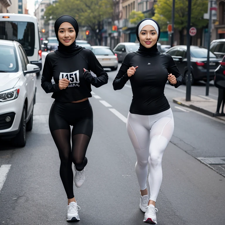 45-Years-Old, Indonesia mature woman, running style, wearing black short plain modern hijab, black Hijab. Wearing white tights elastic, with black stockings in her hands, long black tights elastic pants, wearing white running shoes ,white Skin Like Porcelain, Realistic big Breast, realistic wrinkels body,realistic wrinkels on breast, PP cup Breast, Seducting Look, Lustful smiling, standing in front Of park, full body photo shot 